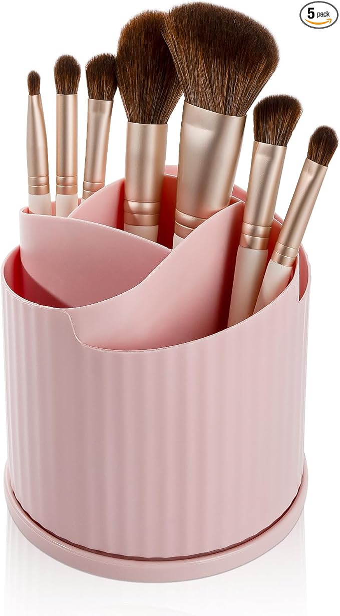 Anyoifax 360 Rotating Makeup Brush Holder Organizer 5 Slots Make Up Brushes Cup Flower-Shaped Spinning Pen Holder for Vanity, Cosmetics, Lipsticks, Pink