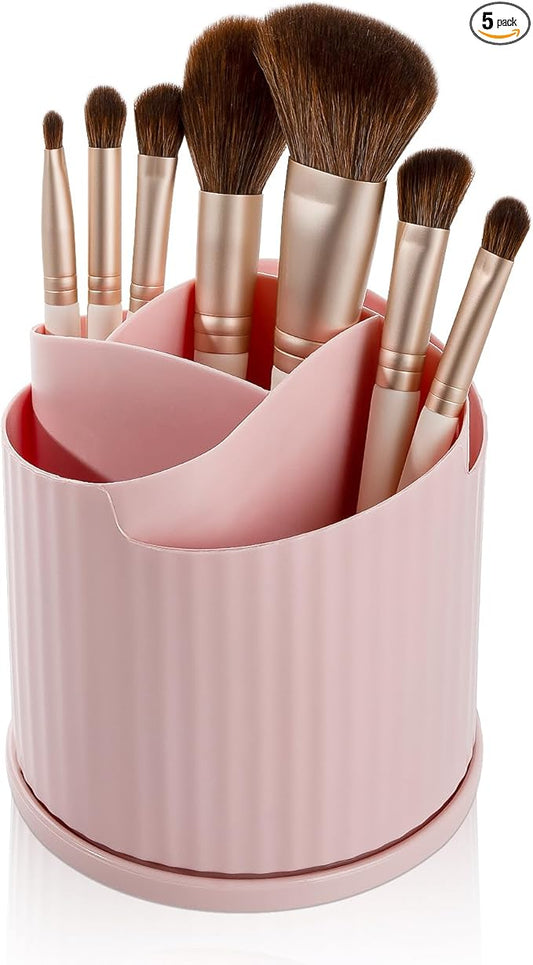 Anyoifax 360 Rotating Makeup Brush Holder Organizer 5 Slots Make Up Brushes Cup Flower-Shaped Spinning Pen Holder for Vanity, Cosmetics, Lipsticks, Pink