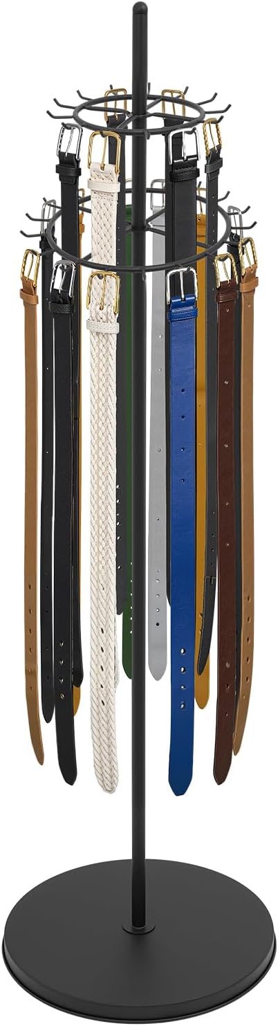 66 Inch Belt Display Shelf, Tie Rack Floor Standing, Karate Belt Display Rack with 31 Hooks, Belt Rack for Scarf or Purse, Wall Mounted Trouser Rack for Home (Black)