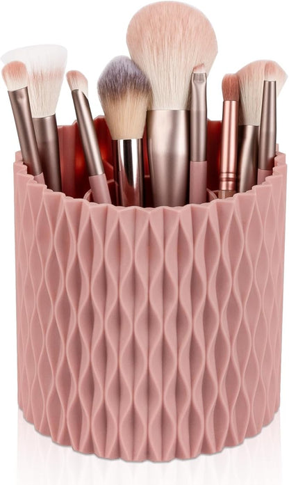 Anyoifax Makeup Brush Holder Organizer 361°Rotating Make Up Brushes Container for Vanity, Spinning Cosmetics Storage Cup, Ripple Pink