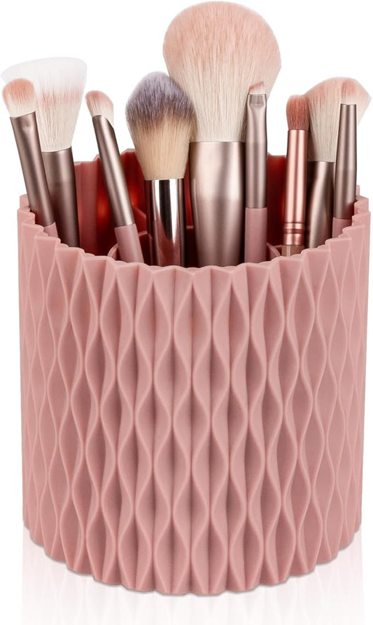 Anyoifax Makeup Brush Holder Organizer 361°Rotating Make Up Brushes Container for Vanity, Spinning Cosmetics Storage Cup, Ripple Pink