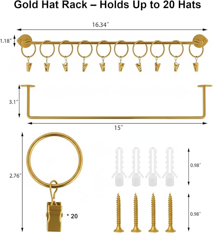 Viklluyr Hat Organizer for Baseball Caps Hat Rack with 20 Hooks - Sturdy Metal Hat Storage Wall Mounted Caps Hanger Set of 2 for Closet Door Bedroom Entryway Laundry(Gold)