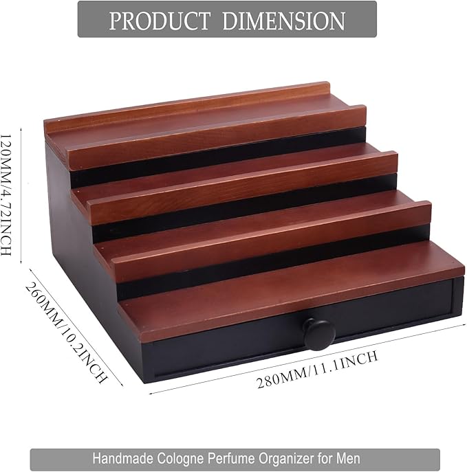 Cologne Organizer for Men - 4 Tier Walnut Black Wooden Cologne Display Stand with Drawer and Hidden Compartment, Mens Cologne Holder Shelf for Organizing and Storing, Walnut Black