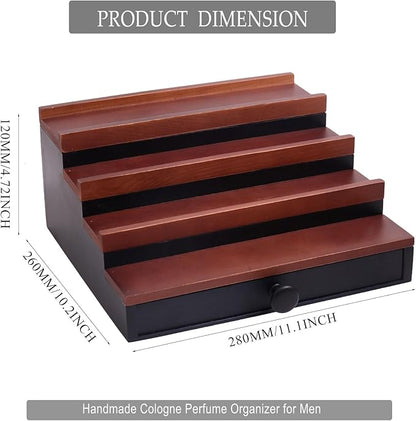Cologne Organizer for Men - 4 Tier Walnut Black Wooden Cologne Display Stand with Drawer and Hidden Compartment, Mens Cologne Holder Shelf for Organizing and Storing, Walnut Black