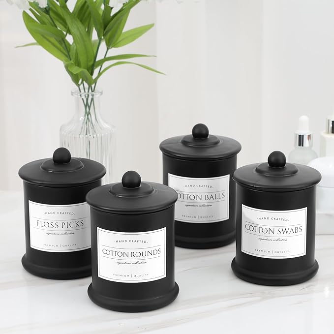 Volisnova 2 Pack Farmhouse Apothecary Jars with Lids - Glass Qtip Dispensers and Cotton Ball Holders for Bathroom Vanity Storage and Organization with 8 Pcs Wterproof Labels (Black Glass)