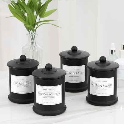 Volisnova 2 Pack Farmhouse Apothecary Jars with Lids - Glass Qtip Dispensers and Cotton Ball Holders for Bathroom Vanity Storage and Organization with 8 Pcs Wterproof Labels (Black Glass)