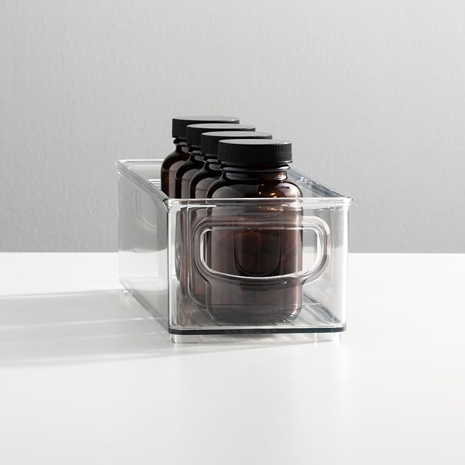 mDesign Plastic Bathroom Storage Container Bins w/ Handles - Closet, Cabinet, Vanity, Cupboard Shelf Organization, Hair Tools Accessory Organizer - Ligne Collection; Clear, 10x4x3 (Pack of 2)