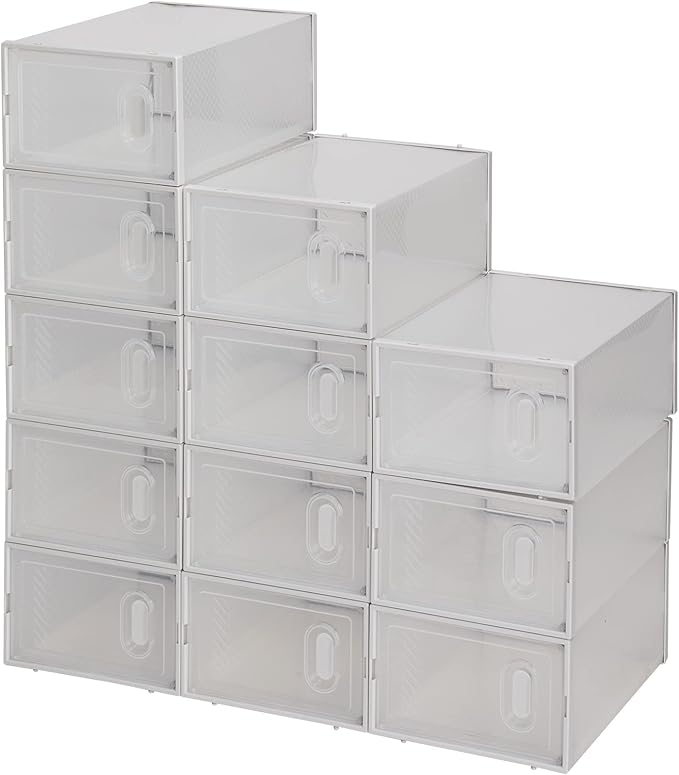 12 Pack Large Stackable Shoe Storage Boxes with lid,Versatile Clear Plastic Sneaker Shoes Rack Container, Portable Closet Organizers,White 13"x9.1"x 5.5"inches.Fits Women's Size 10 & Men's Size 9