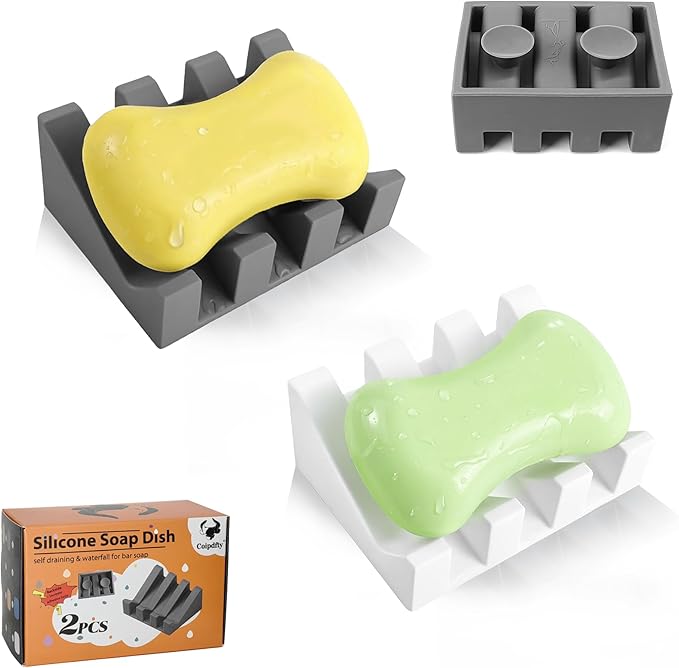 Soap Dish Holder for Shower with Suction Cup, Silicone Soap Holder & Saver Self-Draining Bar Soap Dish Keeps Soap Dry for Bathroom, Kitchen, Bathtub, Extends Soap Life (White+Grey)-2Pack