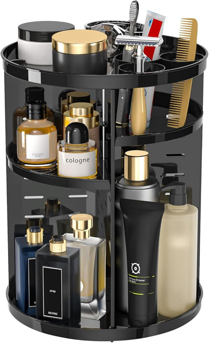 Jiavarry Rotating Makeup Organizer for Vanity, 360 Spinning Skincare Organizers with Adjustable Trays, Make Up Desk Storage Carousel Rack, Cosmetic Display Cases for Dresser Bathroom Countertop Black