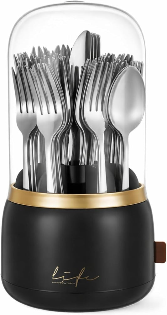Silverware Organizer with Lid, 360° Rotation Utensil Holder for Kitchen Counter, Silverware Caddy for Party, 7 Slots Fits Standard Utensils & Steak Knives, Not for Extra-Long Knives (Black)