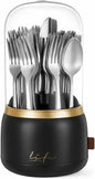Silverware Organizer with Lid, 360° Rotation Utensil Holder for Kitchen Counter, Silverware Caddy for Party, 7 Slots Fits Standard Utensils & Steak Knives, Not for Extra-Long Knives (Black)