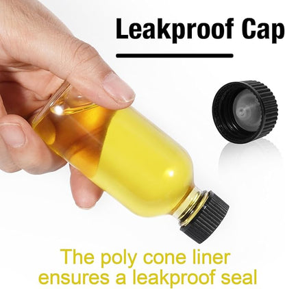 2oz Small Clear Glass Bottles with Lids, 1 Stainless Steel Funnel, 4 Labels,1 Brush - 60ml Reusable Boston Bottle for Juice, Ginger Shot, Wellness, Oils, Whiskey, Liquids - Leakproof Travel Bottle