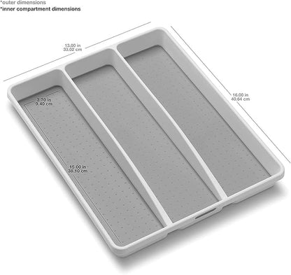 madesmart 3 Compartment Premium Utensil Tray, Multi Purpose Storage Organizer, Non Slip Lining, Deep Storage for Ladles, Whisks & Serving Tools, for Drawers & Home Organization, White