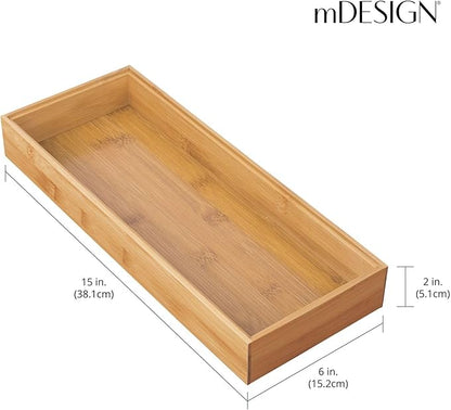 mDesign Wooden Bamboo Drawer Organizer - 15" Long Stackable Storage Box Tray for Kitchen Drawers/Cabinet - Utensil, Silverware, Spatula, and Flatware Holder - Echo Collection - 4 Pack, Natural Wood