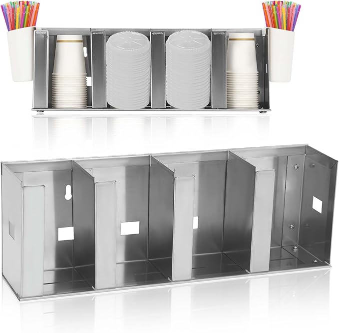 Adjustable Stainless Steel Cup & Lid Holder - 4 Compartments, 32 oz Cup Dispenser for Restaurant, Straw Organizer Commercial Cup Holder, 304 Stainless Steel Lid Dispenser