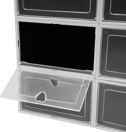 24 Pack Shoe Storage Boxes, Clear Stackable Shoe Organizer for Closet with Flip Lid, Foldable Plastic Shoe Boxes Sneaker Containers for Entryway, Closet, Under Bed (Black, Heart Hole)