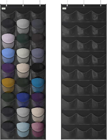 Baseball Hat Rack, 27 Pocket Over-The-Door Hat Organizer with Clear Deep Pockets to Display Baseball Caps Collection, Complete with 3 Over Door Hooks (Black, 27 Pockets)