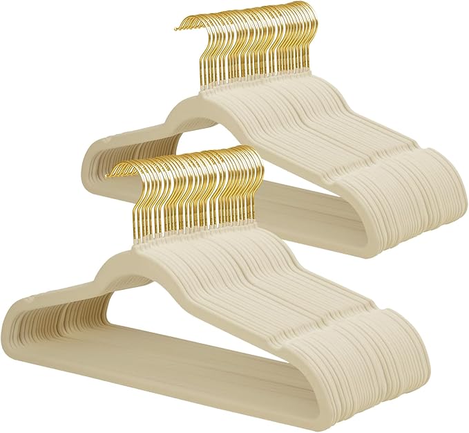 ManGotree Velvet Coat Hangers with 360° Swivel Gold Hook, Non-Slip Felt Suit Hangers, Ultra-Thin Space Saving Clothes Hanger for Jacket, Sweater, Shirt, Dress, Pants (66 Pack, Beige)