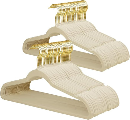 ManGotree Velvet Coat Hangers with 360° Swivel Gold Hook, Non-Slip Felt Suit Hangers, Ultra-Thin Space Saving Clothes Hanger for Jacket, Sweater, Shirt, Dress, Pants (66 Pack, Beige)
