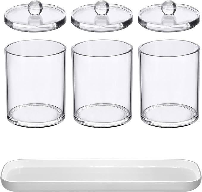 Amazing Abby - Catalina - Clear Acrylic Bathroom Canister with White Tray (4-Piece Set), Plastic Apothecary Jars with Lids, Bathroom Organizers for Q-tips, Cotton Balls, Floss Picks, Sponges, and More
