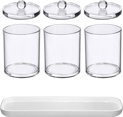 Amazing Abby - Catalina - Clear Acrylic Bathroom Canister with White Tray (4-Piece Set), Plastic Apothecary Jars with Lids, Bathroom Organizers for Q-tips, Cotton Balls, Floss Picks, Sponges, and More