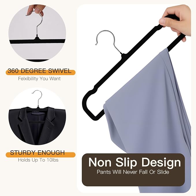 Pants Hangers 30 Pack Velvet Pant Hangers,Heavy Duty Velvet Hangers for Pants,Jeans,Scarf,Towels,Tank Top,Coat.Closet Organizers and Storage（Black）