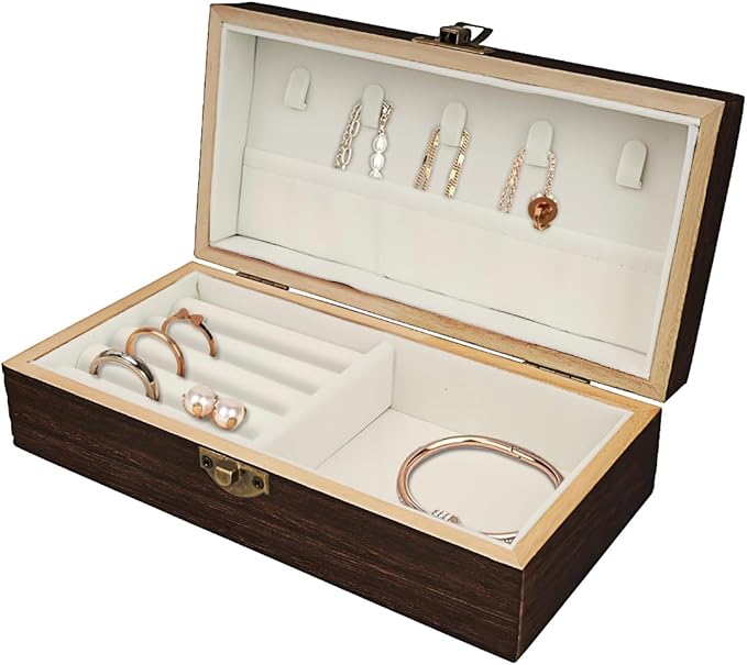 Handmade Wood Jewelry Box - Stylish Wood Travel Organizer for Women & Men, Unique Gift Ideas for Rings, Earrings, Necklaces & Bracelets, Flame Work Finish （Brown）