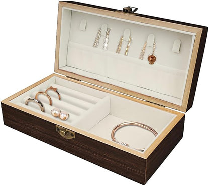Handmade Wood Jewelry Box - Stylish Wood Travel Organizer for Women & Men, Unique Gift Ideas for Rings, Earrings, Necklaces & Bracelets, Flame Work Finish （Brown）