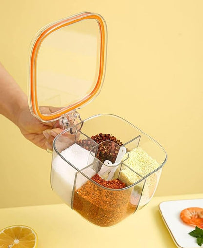 Clear Plastic Condiment Jars - 4 Compartment Set with Lid, Cover and Serving Spoons for Salt, Pepper, Powder