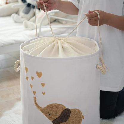 Baby Laundry Basket Laundry Hamper, Canvas 58L XL Baby Clothes Basket, Collapsible Brown Laundry Basket for Nursery Toy Baskets with Drawstring Closure, KidsRoom Decor for Boys