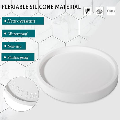 Silicone Bathroom Tray Round Vanity Tray Decorative Soap Holder Kitchen Countertop Organizer Coffee Table Decor for Candle, Perfume, Plant, 8 Inch, White