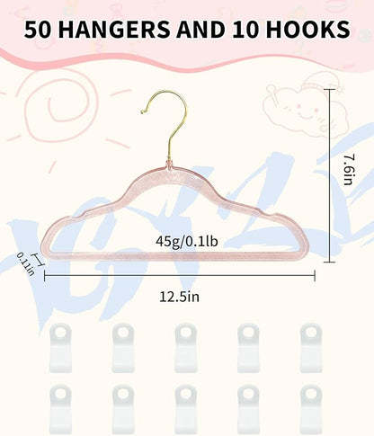 HGYZE Kids Hangers for Baby Clothes, 50pcs Toddler Hangers with 360° Swivel Golden Hook, 12.5" Acrylic Glitter Hangers, Pink Sparkling Hangar with Glitter for Infant Girl Dresses Coat Sweater Nursery