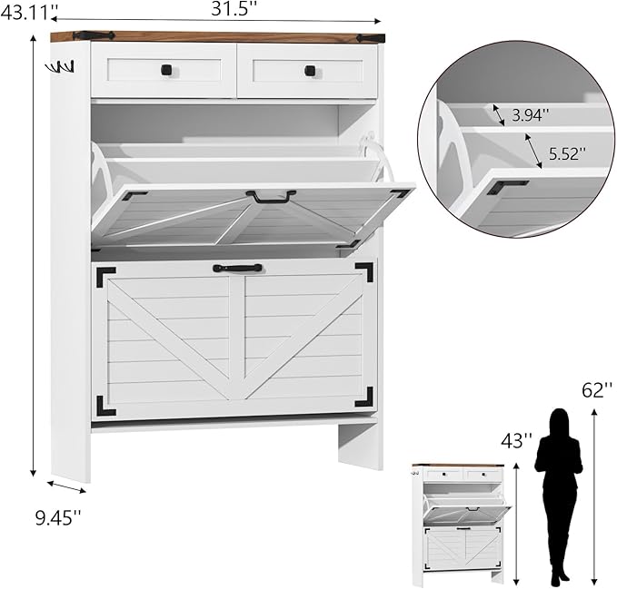 Shoe Storage Cabinet with Deodorizing Function, Farmhouse Narrow Hidden Shoe Rack Organizer Cabinet with 2 Flip Drawers & 2 Storage Drawers for Entryway, Hallway, Living Room, White