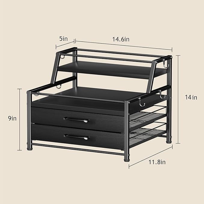 Homsorout Coffee Syrup Rack Organizer - 4-Tier 8 Syrup Wine Bottles Stand with 82 Storage Drawer for K Cups, Coffee Pod Holder for Countertop, Bar Station, Kitchen, Black