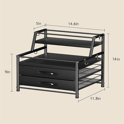 Homsorout Coffee Syrup Rack Organizer - 4-Tier 8 Syrup Wine Bottles Stand with 82 Storage Drawer for K Cups, Coffee Pod Holder for Countertop, Bar Station, Kitchen, Black