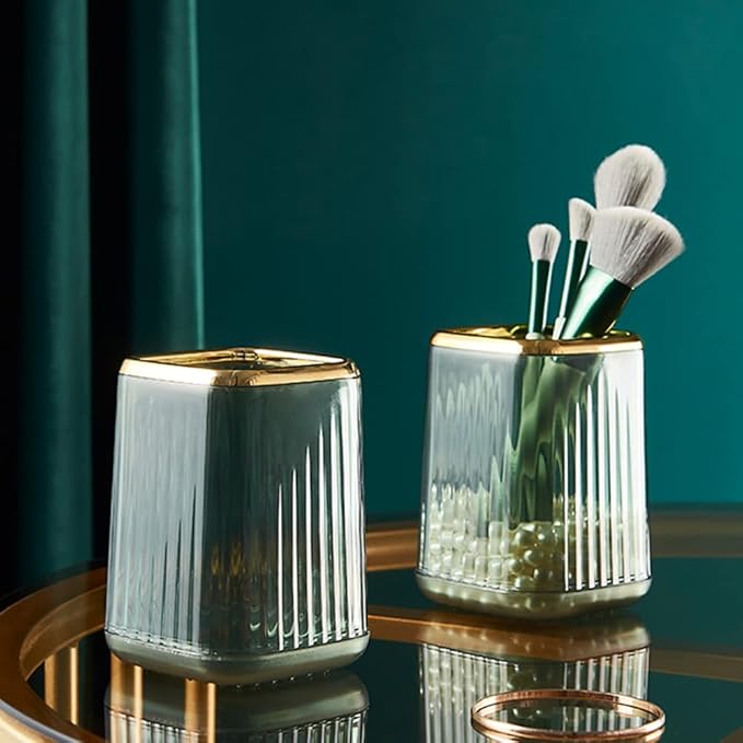 Lebenrich Makeup Brush Holder Organizer for Vanity, Acrylic Gold Make Up Brushes Holders Container Storage Cup with Striped Design for Bathroom Countertop, Pen Pencil Holder Cosmetic Cup for Desk