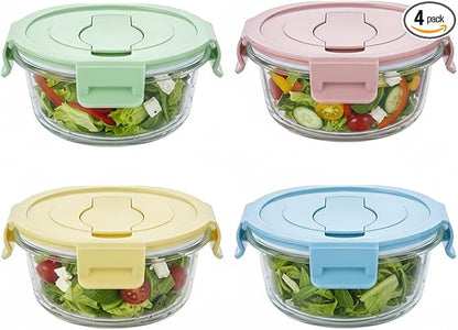 1.5 Cup Round Glass Food Container with Lids and Folding spoon, Small Round Glass Storage Container, 12oz Food Bowls with Spoons for Lunch Office, Oven, Freezer, Dishwasher Safe (4Pack)