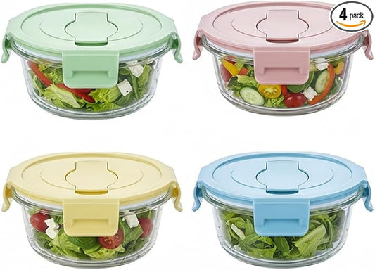 1.5 Cup Round Glass Food Container with Lids and Folding spoon, Small Round Glass Storage Container, 12oz Food Bowls with Spoons for Lunch Office, Oven, Freezer, Dishwasher Safe (4Pack)