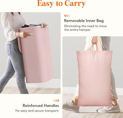 Lifewit 105L Large Laundry Basket with Lid, Laundry Hamper with Plastic Handles and Removable Bag, Foldable Tall Dirty Clothes Hampers for Laundry for Laundry Room, Bedroom, Bathroom, Dorm, Pink