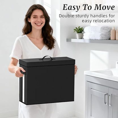 NAMTSO Bathroom Toilet Paper Storage with Lid - for Up to 12 Rolls | Storage Bins with Lids for Towel or Yarn | Free Standing | Foldable | Moisture Resistant | Clear Plastic Window | Black | 2 Pack