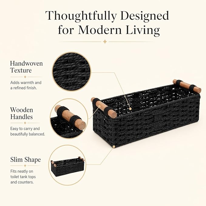 Black Woven Bathroom Basket with Wood Handles — Toilet Paper Storage Organizer for Back of Toilet, Paper Rope Wicker Basket, Boho Bathroom Decor Tray for Countertop or Tank Top