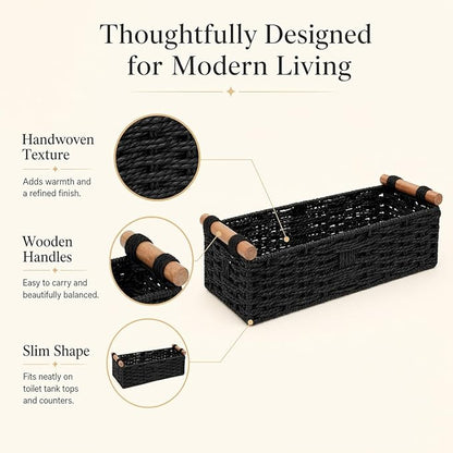 Black Woven Bathroom Basket with Wood Handles — Toilet Paper Storage Organizer for Back of Toilet, Paper Rope Wicker Basket, Boho Bathroom Decor Tray for Countertop or Tank Top