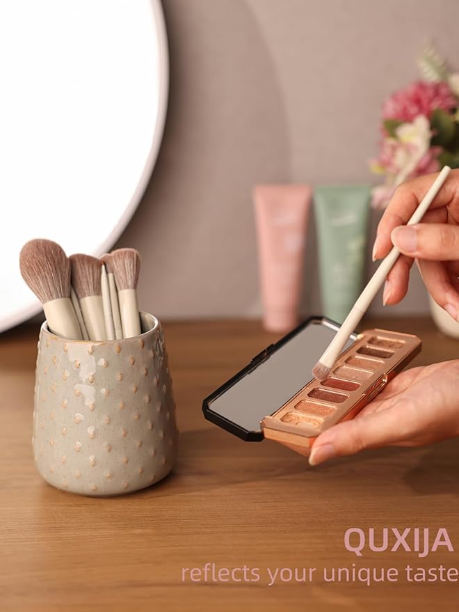 Ceramic Makeup Brush Holders, Farmhouse Bathroom Vanity and Countertop, Brushes Cup for Bathroom Cosmetics, Lipsticks, Vanity Desktop Storage (Vintage Grey)