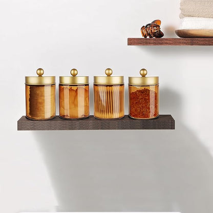 Amolliar Bronze Glass Apothecary Jar With Metal Lid & Stickers, Bathroom Qtip Dispenser Storage Canister, Perfect for Cotton Balls, Cotton Swabs, Makeup Pads, Bath Salt, Floss, 2 Pack(Gold)