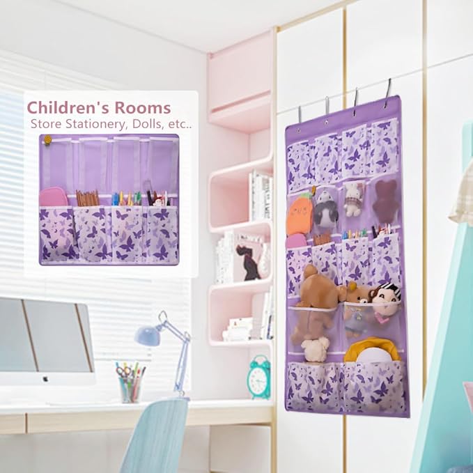 16 Pockets Over Door Hanging Storage Organizer with 4 Kinds Pouches for Shoes,Sock,Hat,Underwear,Handbag,Cosmetics,Toiletry,Behind Door Hanging Shelf Space-saving for Bathroom,Bedroom,Entrance,Purple