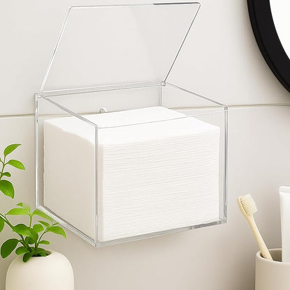 Yalikop Wall Mounted Disposable Facial Towel Storage Box Holder, Clear Acrylic Box for Clean Towels XL (Not Included), Disposable Face Towelettes Organization Container for Bathroom Cleansing Dry Wipe