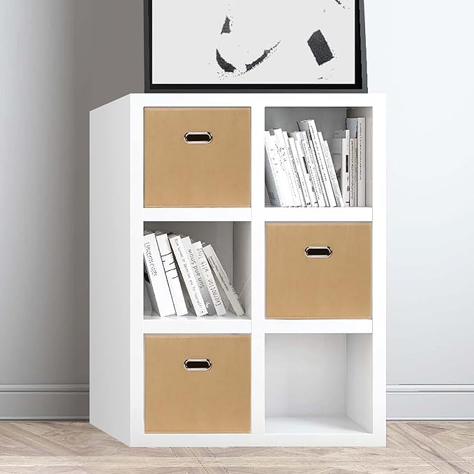 Black Fabric Cubby Storage Bins,13x13x13 Inches ,Cube Organizer Bin Foldable Storage Boxes with Dual Handles Fabric Organizer Box and collapsible Storage basket,Set of 3 ,Khaki