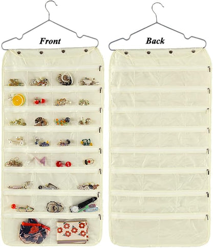 ass Organizer Storage, Dual-sided Hanging Sunglasses Holder Wall with 16 Pockets Jewelry Organizer and 16 Hooks Necklace Holder Organizer - Beige