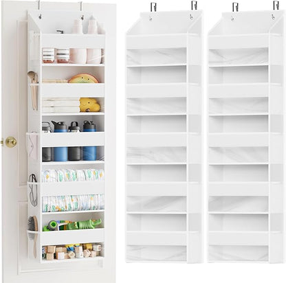 SpaceAid 2 Pack Over The Door Organizer with 5 Large Pockets and 10 Mesh Side Pockets, 5 Layers Door Organizer Hanging with Clear Window for Bedroom, Bathroom, Pantry and Nursery, White